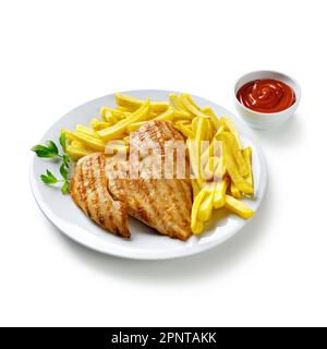 Viande grillée et frites sur plaque blanche avec bol de ketchup Banque D'Images