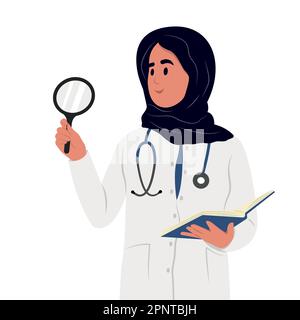 Notion de curiosité. La femme musulmane est un médecin avec un comprimé et un stéthoscope, debout regardant quelque chose avec une loupe. Illustration de Vecteur