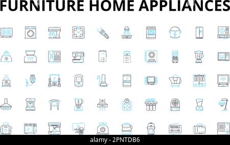 Mobilier maison appareils électroménagers icônes linéaires ensemble. Canapé, chaise, table, lit, commode, Bureau, symboles vectoriels de bibliothèque et panneaux de concept de ligne. Pouf, fauteuil inclinable Illustration de Vecteur