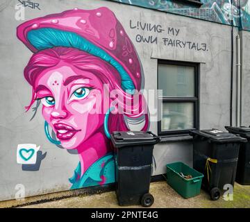 Scène de rue à Bristol au Royaume-Uni avec des graffitis humoristiques ordonnant une ligne rêveuse de poubelles Banque D'Images