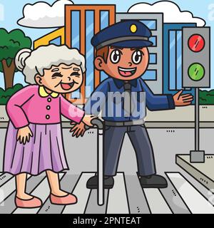 La police aide Old Woman coloré dessin animé Illustration de Vecteur