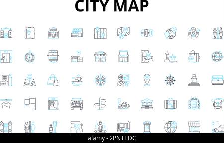 Ensemble d'icônes linéaires de la carte de la ville. Navigation, Tourisme, rues, quartiers, monuments, Transit, symboles de vecteur de visite et panneaux de concept de ligne. Guide, directions Illustration de Vecteur