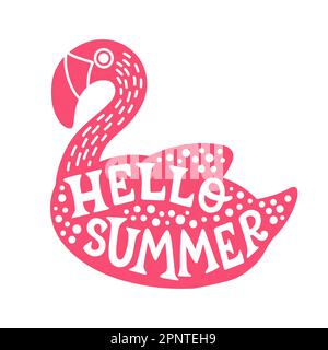 Rose flamant avec le mot bonjour été dessus. Lettres Hello Summer. Illustration vectorielle plate. Clipart d'été. Illustration de Vecteur