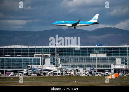 Avion KLM à l'approche de l'aéroport de Francfort-sur-le-main, sur la piste centrale, 25C/07C, aérogare, Hesse, Allemagne, Banque D'Images