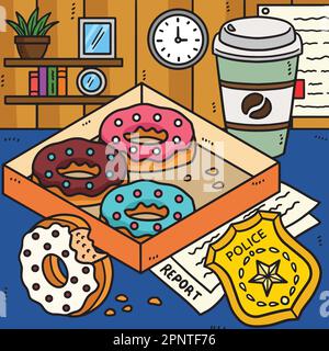 Insigne de police, Donuts, dessin animé de couleur café Illustration de Vecteur