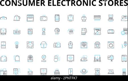 Jeux d'icônes linéaires pour magasins d'électronique grand public. Gadgets, appareils, Smartphes, tablettes, ordinateurs portables, Caméras, symboles vectoriels de tête et signes de concept de ligne Illustration de Vecteur