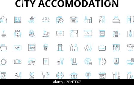 Ville hébergement icônes linéaires ensemble. Confortable, centralité, confort, ambiance, commodité, Symboles vectoriels d'accessibilité spacieux et panneaux de concept de ligne Illustration de Vecteur