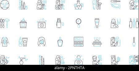 Ensemble d'icônes linéaires de traitement de la peau. Hydratation, exfoliation, acné, rajeunissement, hydratant, Rétinol, vecteur de ligne antioxydante et signes conceptuels. Sérum Illustration de Vecteur