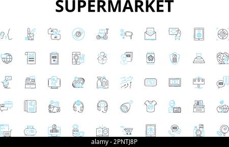 Jeu d'icônes linéaires de supermarché. Articles d'épicerie, allées, chariots, caisses, comptoir du prêt-à-manger, Produits, symboles vectoriels de viande et signes de concept de ligne. Produits laitiers, boulangerie, chips Illustration de Vecteur