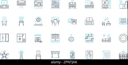 Tableau icônes linéaires ensemble. Bureau, Meubles, surface, poste de travail, salle à manger, Café, vecteur de ligne latérale et signes de concept. Console,fin,plan de pique-nique Illustration de Vecteur