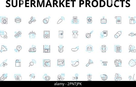 Jeu d'icônes linéaires pour les produits de supermarché. Produits alimentaires, produits laitiers, viande, boulangerie, Surgelés, symboles vectoriels de collations et panneaux de concept de ligne. Boissons, en conserve Illustration de Vecteur