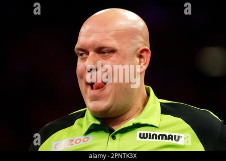 Rotterdam, pays-Bas. 20 avril 2023. Michael van Gerwen lors du tour 12th de la Premier League Darts à Ahoy. Credit:ANP/Alay Live News pays-bas Out - belgique Out Banque D'Images