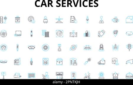 Jeu d'icônes linéaires pour les services de voiture. Maintenance, réparation, habillage, restauration, inspection, Remorquage, symboles de vecteur d'alignement et symboles de concept de ligne Illustration de Vecteur