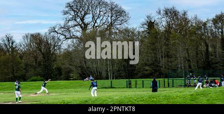 Une partie de baseball en plein essor à Corkagh Park, à Clondalkin, Dublin, Irlande. Banque D'Images