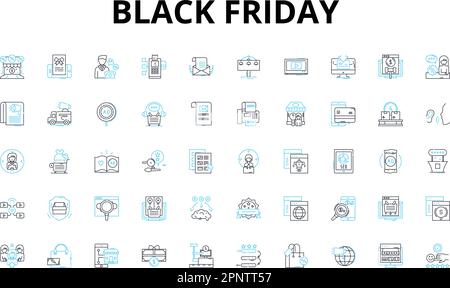 Jeu d'icônes linéaires du Vendredi fou. Offres, remises, bonnes affaires, ventes, achats, Rush, symboles de vecteur d'excitation et symboles de concept de ligne. Economies, vole Illustration de Vecteur