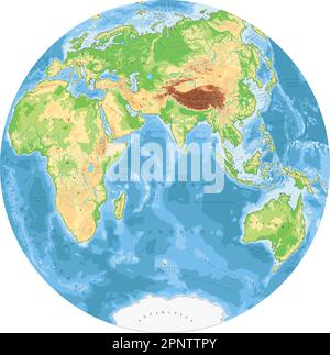 Carte du monde physique très détaillée en forme de globe terrestre. Projection globulaire Nicolosi – plate. Illustration de Vecteur