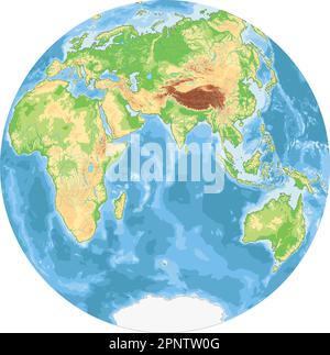 Carte du monde physique très détaillée en forme de globe terrestre. Projection globulaire Nicolosi – plate. Illustration de Vecteur