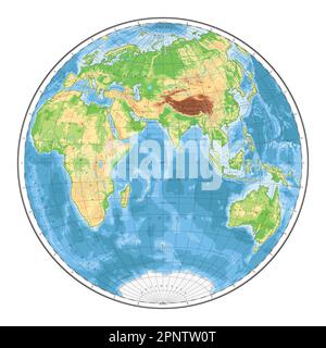 Carte du monde physique très détaillée en forme de globe terrestre. Projection globulaire Nicolosi – plate. Illustration de Vecteur