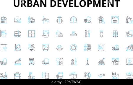 Ensemble d'icônes linéaires pour le développement urbain. Gentrification, redéveloppement, densité, infrastructure, zonage, Étalement, symboles vectoriels de revitalisation et ligne Illustration de Vecteur