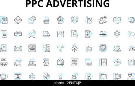 PPC publicité linéaire icônes ensemble. AdWords, appel d'offres, campagnes, clics, conversions, Coût par clic, symboles de vecteur CTR et signes de concept de ligne. Affichage Illustration de Vecteur