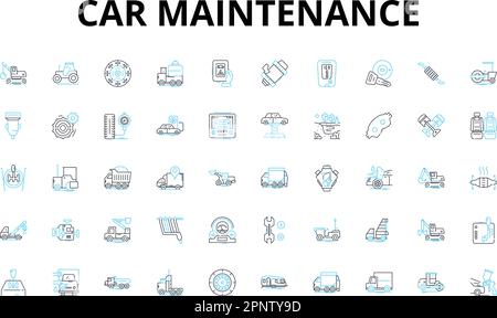 Ensemble d'icônes linéaires d'entretien de voiture. Vidange d'huile, plaquettes de frein, alignement, batterie, radiateur, Transmission, symboles vectoriels de bougies d'allumage et concept de ligne Illustration de Vecteur