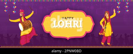 Happy Lohri font sur cadre Vintage avec Punjabi Homme jouant Dhol et femme faisant Bhangra sur fond violet. Illustration de Vecteur