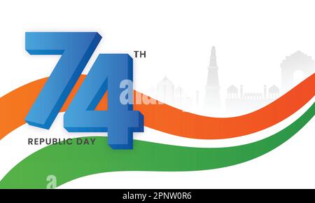 74th police de jour de la République avec Tricolore Wavy et Silhouette célèbre Monument of India sur fond blanc. Illustration de Vecteur