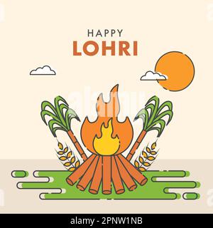 Carte de vœux Happy Lohri Celebration avec Bonfire, Sugarcanes, oreille de blé et soleil sur fond de Peach pastel. Illustration de Vecteur