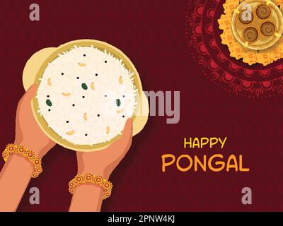 Happy Pongal Celebration concept avec vue de dessus des mains de femmes tenant Pongali Rice Bowl et lampes à huile éclairées (Diya) sur Red Vintage Frame Pattern Backgro Illustration de Vecteur