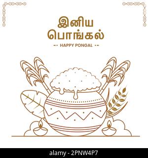 Carte de vœux Happy Pongal Celebration avec éléments de festival de style Doodle sur fond blanc. Illustration de Vecteur