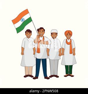 Différentes religions hommes montrant l'unité dans la diversité de l'Inde avec le drapeau national de la suspension sur fond blanc. Illustration de Vecteur