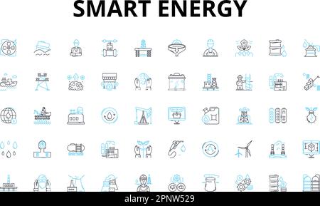 Icônes linéaires Smart Energy définies. Efficacité, renouvelable, durabilité, solaire, éolienne, Géothermie, symboles vecteur de batterie et panneaux de concept de ligne. Grille Illustration de Vecteur