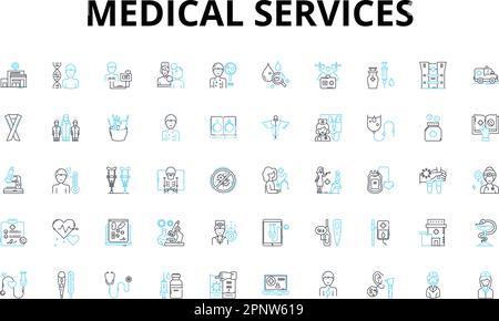 Ensemble d'icônes linéaires des services médicaux. Diagnostic, traitement, soins de santé, réadaptation, préventive, Clinique, symboles vecteur de thérapie et concept de ligne Illustration de Vecteur