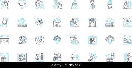 Ensemble d'icônes linéaires nuptials. Mariage, cérémonie, mariage, mariage, mariée, Groom, Amour, vœux vecteur de ligne et signes de concept. Mariée,anneaux,contour d'engagement Illustration de Vecteur