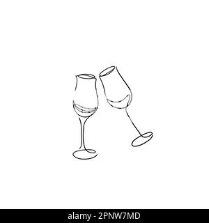 Dessin en ligne continue de lunettes de champagne esquisse noire sur fond blanc. Deux verres simple dessin d'une ligne. Illustration du dessin à la main minimal pour Illustration de Vecteur