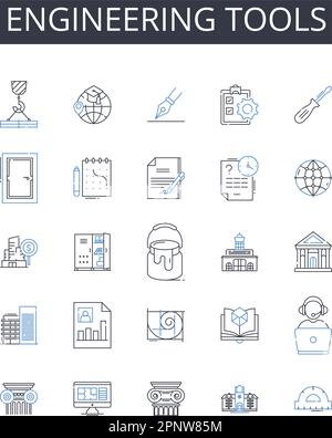 Collection d'icônes de ligne d'outils d'ingénierie. Matériel scientifique, appareils technologiques, machines informatiques, instruments de fabrication, gadgets de recherche Illustration de Vecteur