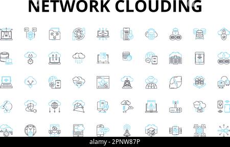 Ensemble d'icônes linéaires d'assombrissement du réseau. Virtualisation, évolutivité, élasticité, automatisation, provisionnement, Orchestration, symboles vectoriels multi-location et Illustration de Vecteur