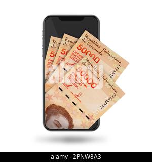 3D Illustration des notes bolivar vénézuéliennes à l'intérieur du téléphone portable Banque D'Images