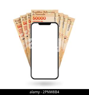 3D Illustration des notes bolivar vénézuéliennes derrière le téléphone mobile Banque D'Images
