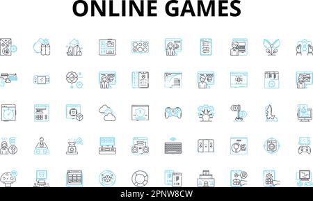 Jeux en ligne icônes linéaires ensemble. Jeux, multijoueur, virtuel, aventure, action, Stratégie, symboles vectoriels de simulation et signes de concept de ligne. Rôle Illustration de Vecteur