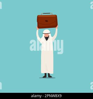 Business concept homme d'affaires arabe plat soulever la mallette. Un homme responsable lève la valise. Concept de gagner, heureux, atteindre le but, se réjouir, Banque D'Images