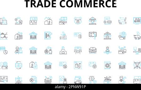 Ensemble d'icônes linéaires de commerce. Importation, exportation, courtage, commerçant, détail, Vente en gros, symboles vectoriels des douanes et signes de concept de ligne. Tarifs Illustration de Vecteur