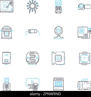 Ensemble d'icônes linéaires des appareils électroniques. Smartph, tablette, ordinateur portable, télévision, haut-parleur, Têtes, vecteur de ligne de caméra et signes conceptuels. Dr,Smartwatch,routeur Illustration de Vecteur