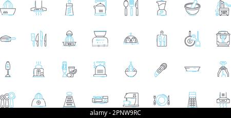 Jeu d'icônes linéaires de galley. Cuisine, cuisine, nourriture, bateaux, bateau, Nautiques, vecteur de ligne de croisière et signes conceptuels. Restaurant, menu, plan de préparation Illustration de Vecteur