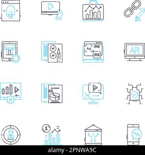 Ensemble d'icônes linéaires de publicité par e-mail. Campagnes, Marketing, sensibilisation, création de listes, Promotions, Engagement, vecteur de ligne analytique et signes de concept Illustration de Vecteur