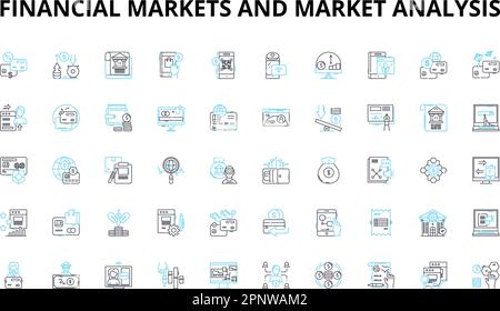 Ensemble d'icônes linéaires d'analyse de marché et de marchés financiers. Actions, obligations, matières premières, investissements, opérations, Dérivés, symboles de vecteur de volatilité et Illustration de Vecteur