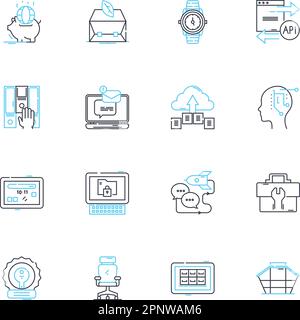 Jeu d'icônes linéaires de la technologie de projet. Automatisation, virtualisation, intégration, optimisation, analyse, Apprentissage automatique, vecteur de ligne réalité augmentée Illustration de Vecteur