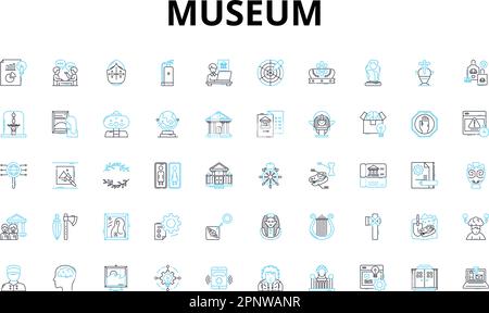 Ensemble d'icônes linéaires du musée. Artefacts, expositions, Galerie, Archéologie, Histoire, Souvenirs, symboles vectoriels de sculpture et panneaux de concept de ligne. Antiquités Illustration de Vecteur
