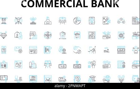 Jeu d'icônes linéaires de banque commerciale. Dépôts, prêts, intérêts, capital, succursales, Branche nerk, symboles de vecteur de crédit et signes de concept de ligne. Découverts Illustration de Vecteur