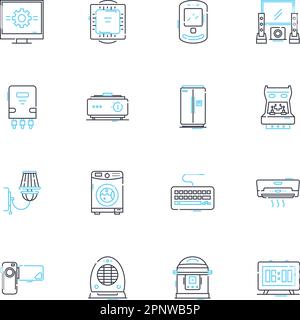 Jeux d'icônes linéaires pour articles de sport. Équipement, équipement, vêtements, chaussures, accessoires, Vélo, vecteur de ligne de forme physique et signes de concept. Course à pied, randonnée, camping Illustration de Vecteur